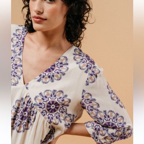 Grace & Mila Malia Boho 3/4 Sleeve Floral Cream and Purple Dress Size Small - Picture 13 of 13
